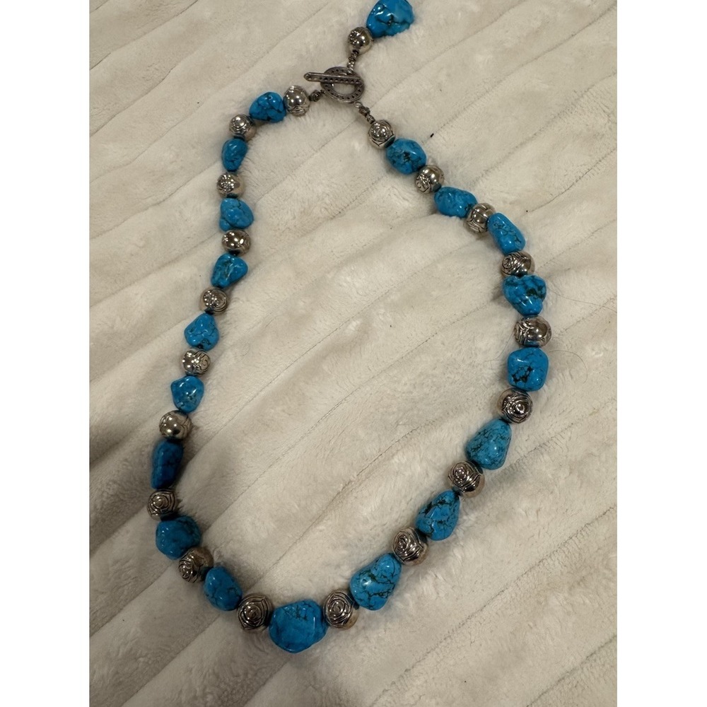Chunky Turquoise Nugget Hook Necklace with Silver Beads